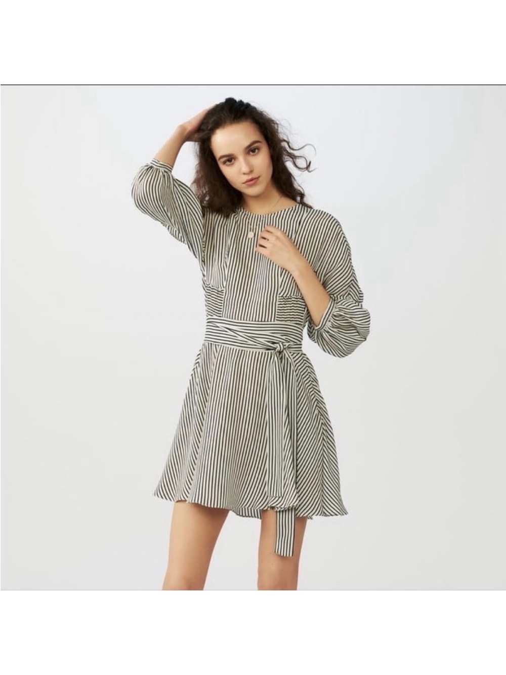 Maje Black and White Striped Tie-Belt Mini Dress